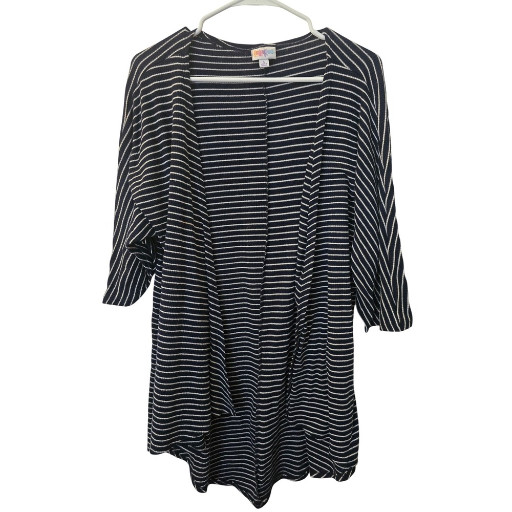 LuLaRoe Lindsay Kimono Cardigan Navy Blue White Striped Ribbed Open Front Small